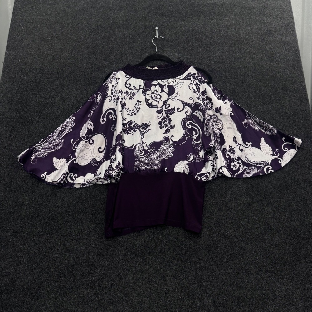 Purple White Paisley Floral Dolman Butterfly Sleeve Smocked Mock Neck Blouse L